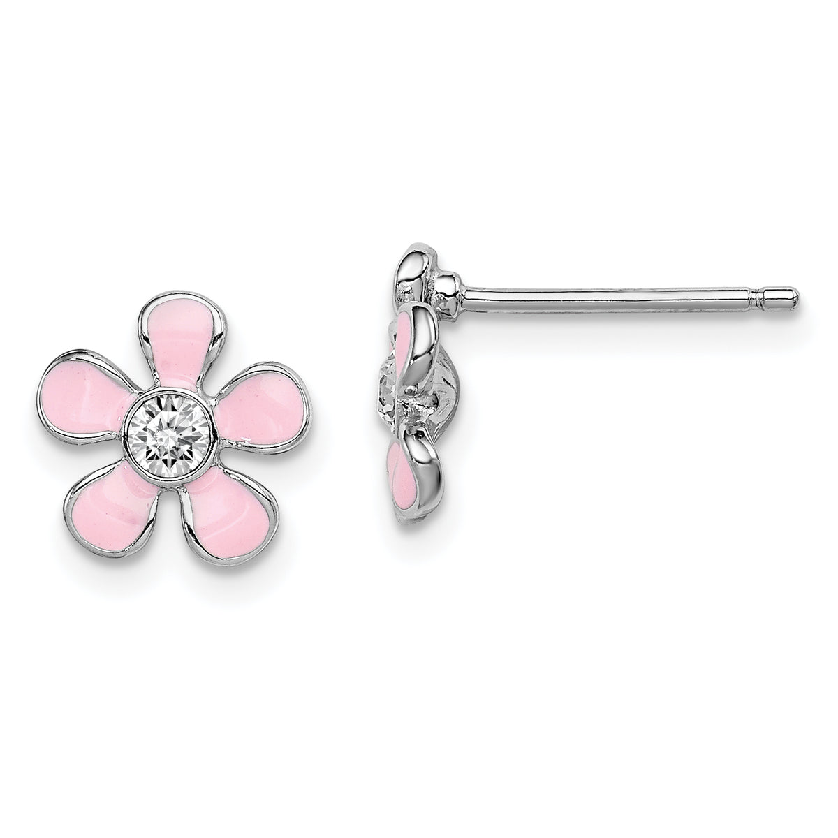 Sterling Silver Madi K Rhodium-plated Polished Pink Enamel & Crystal Flower Children's Post Earrings