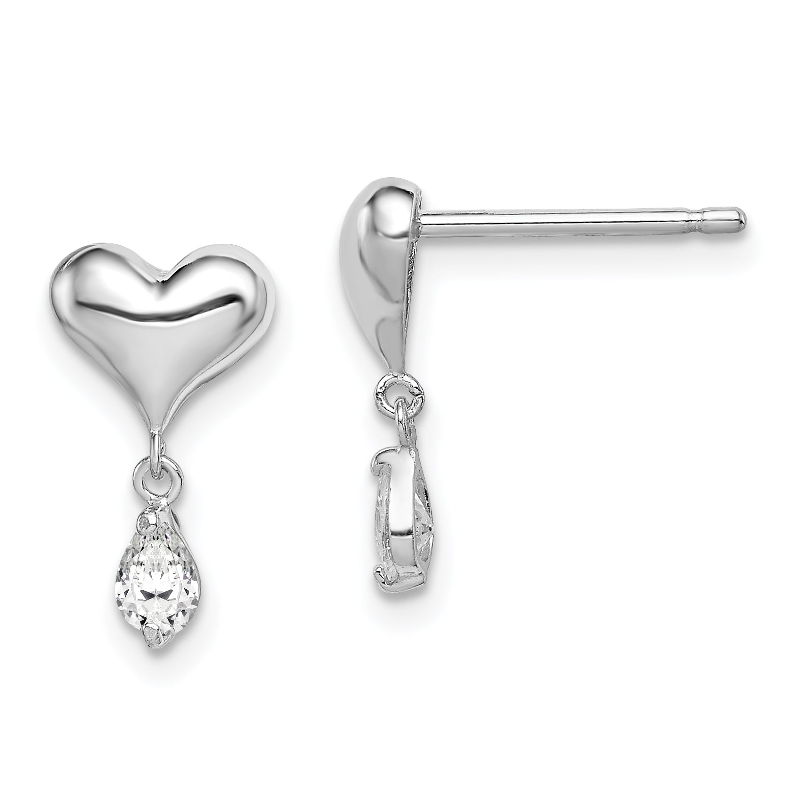 Sterling Silver Madi K Rhodium-plated Polished CZ Heart Children's Post Dangle Earrings Main image