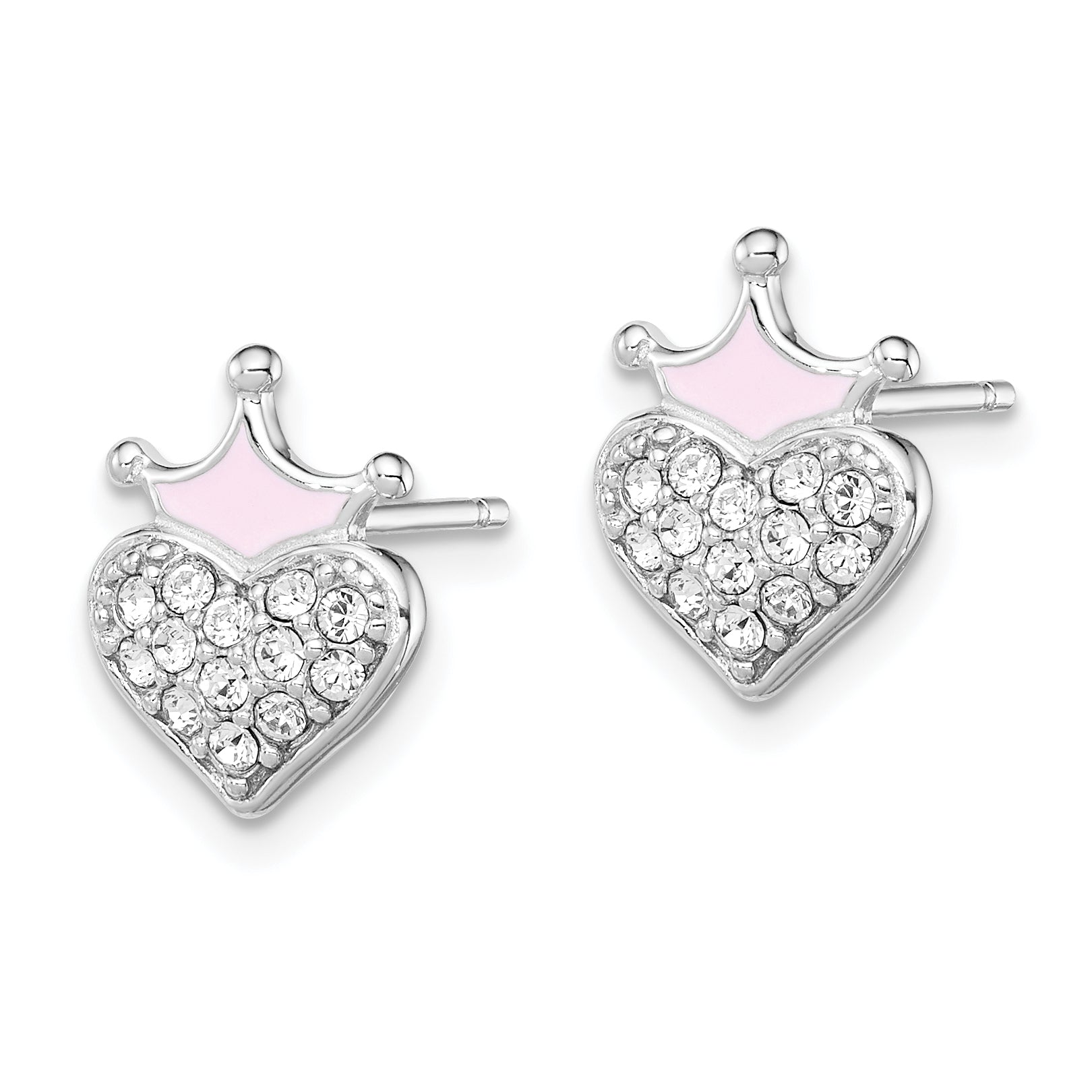 Sterling Silver Madi K Rhodium-plated Polished Pink Enamel & Crystal Crown Heart Children's Post Earrings Secondary image