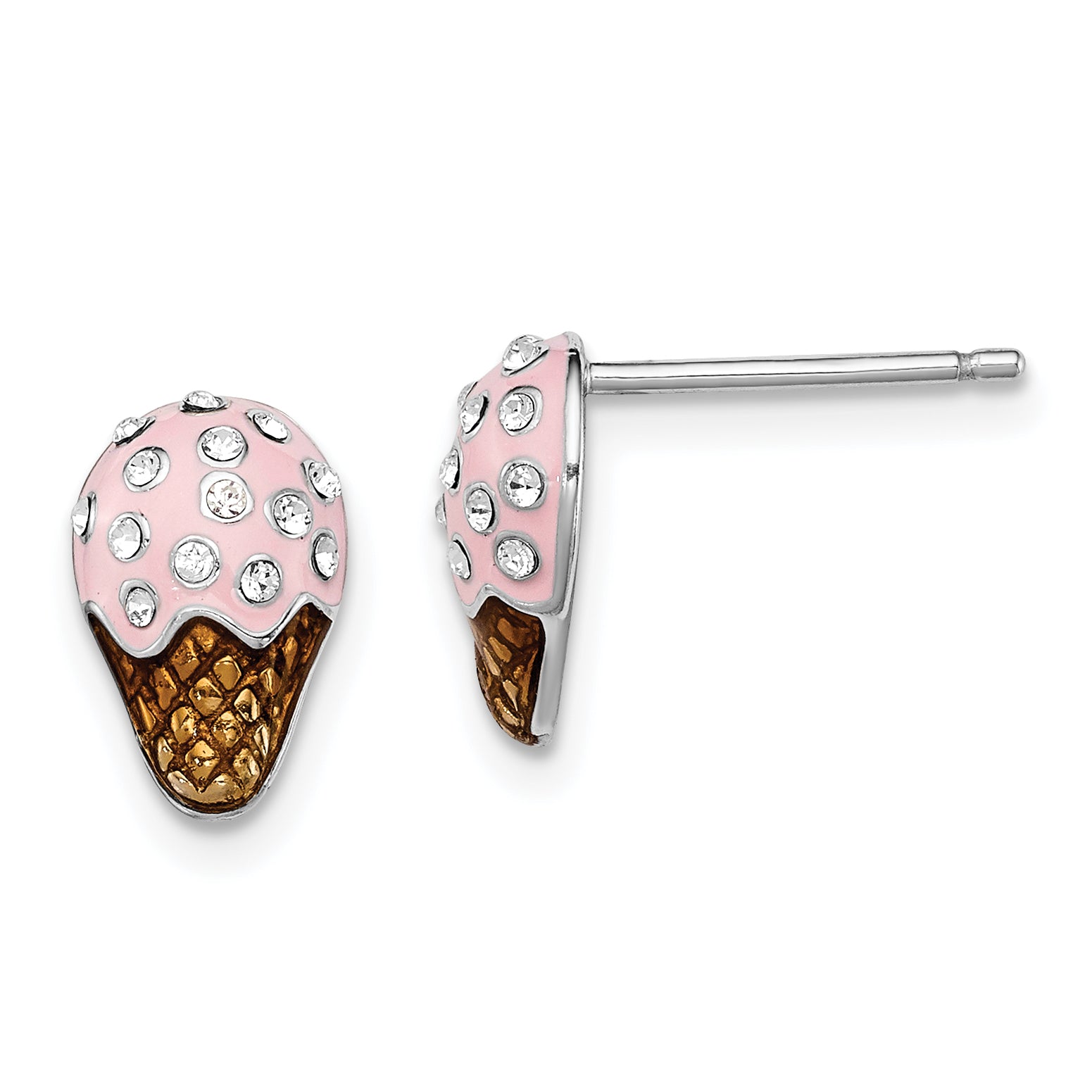 Sterling Silver Madi K Rhodium-plated Polished Pink & Brown Enameled & Crystal Ice Cream Children's Post Earrings Main image