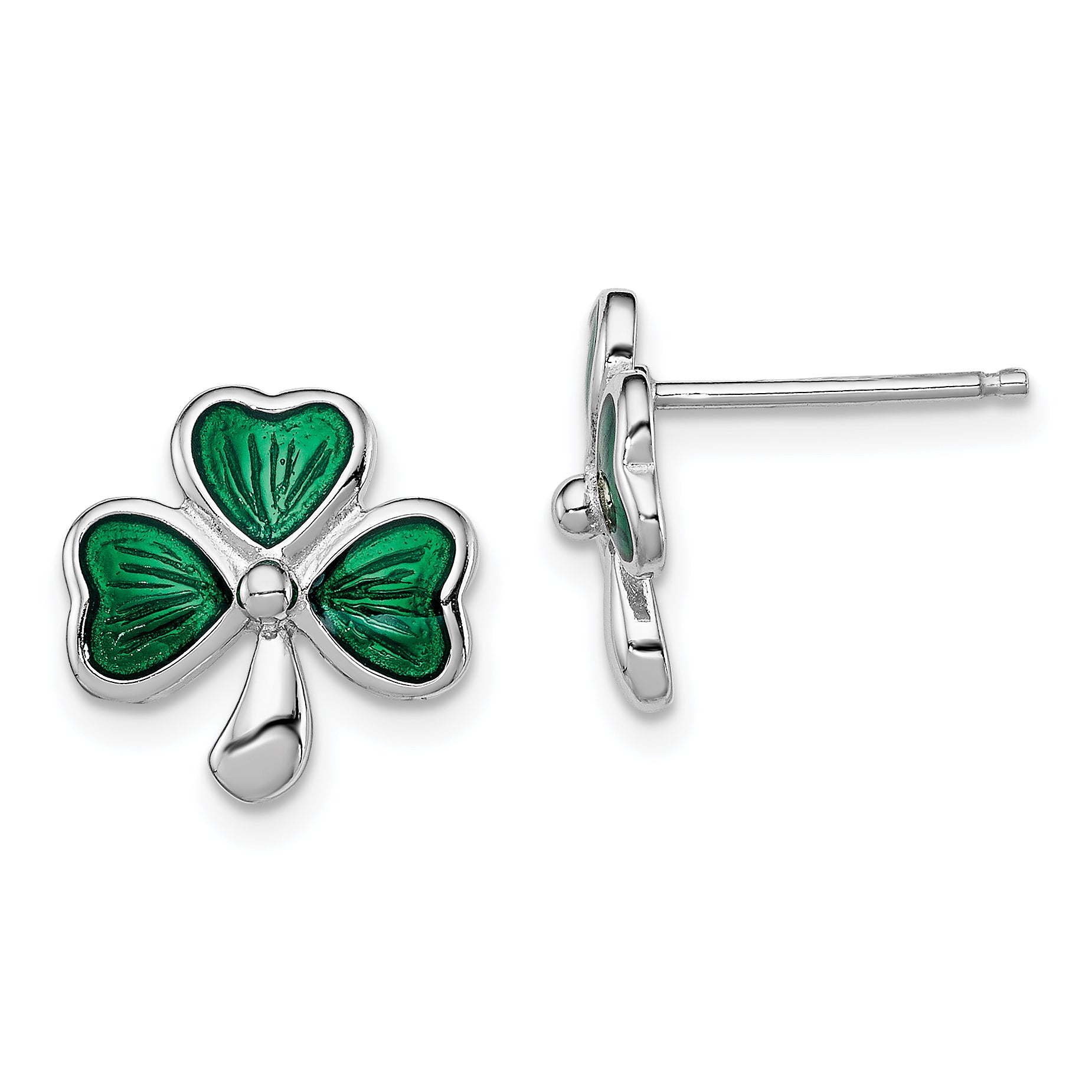 Sterling Silver Madi K Rhodium-plated Polished Green Enameled Shamrock Children's Post Earrings Main image
