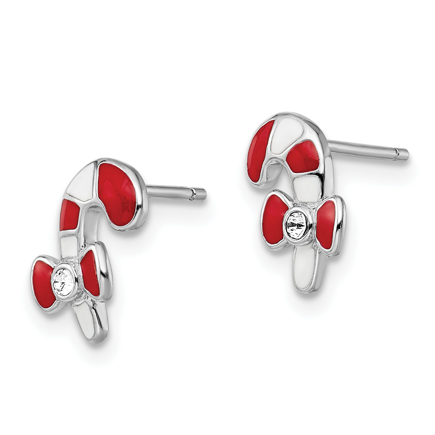 Sterling Silver Madi K Rhodium-plated Polished Red & White Enameled & Crystal Candy Cane Children's Post Earrings Secondary image