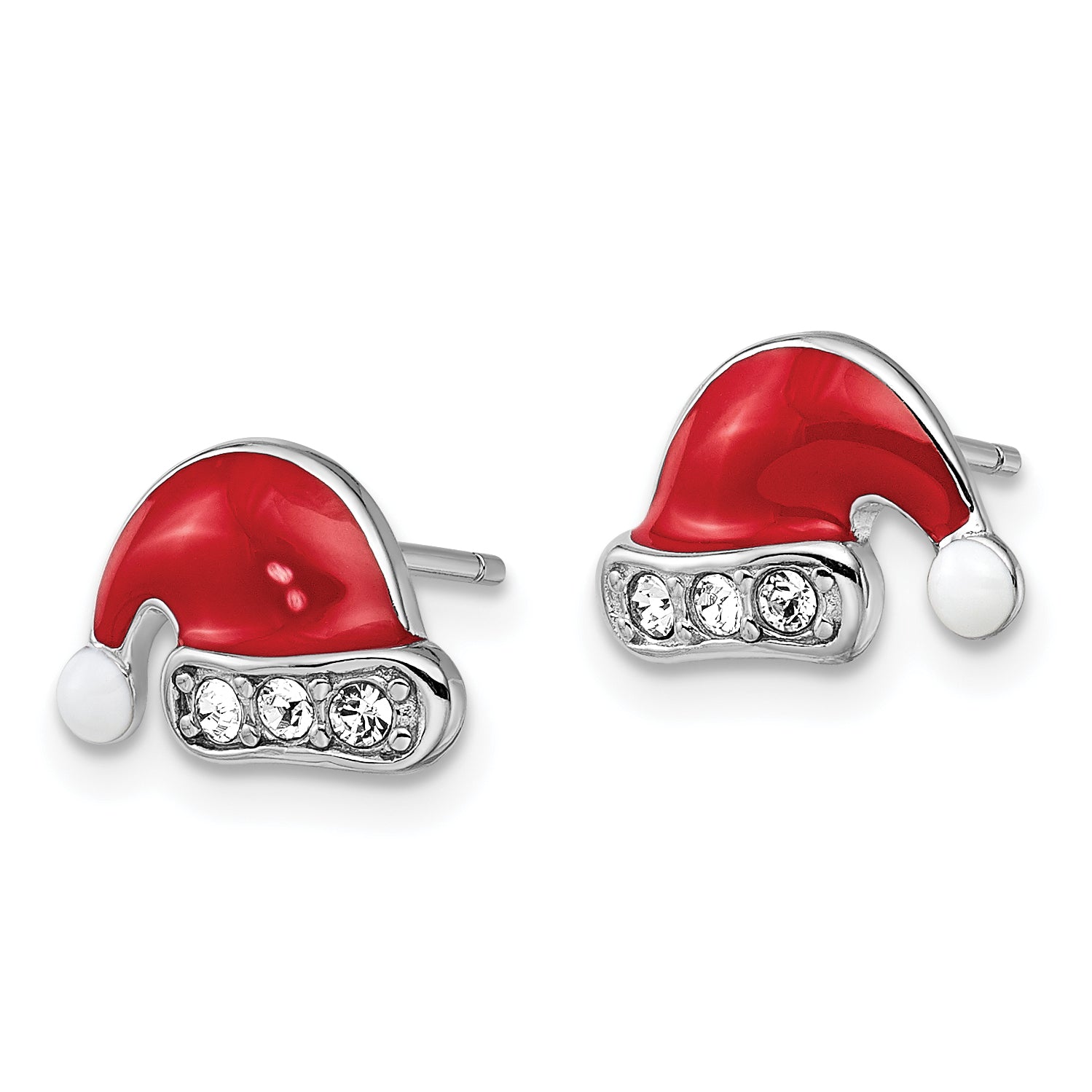 Sterling Silver Madi K Rhodium-plated Polished Red & White Enameled & Crystal Santa Hat Children's Post Earrings Secondary image