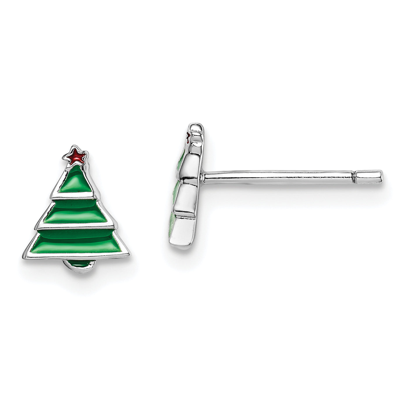 Sterling Silver Madi K Rhodium-plated Polished Green & Red Enameled Christmas Tree Children's Post Earrings Main image