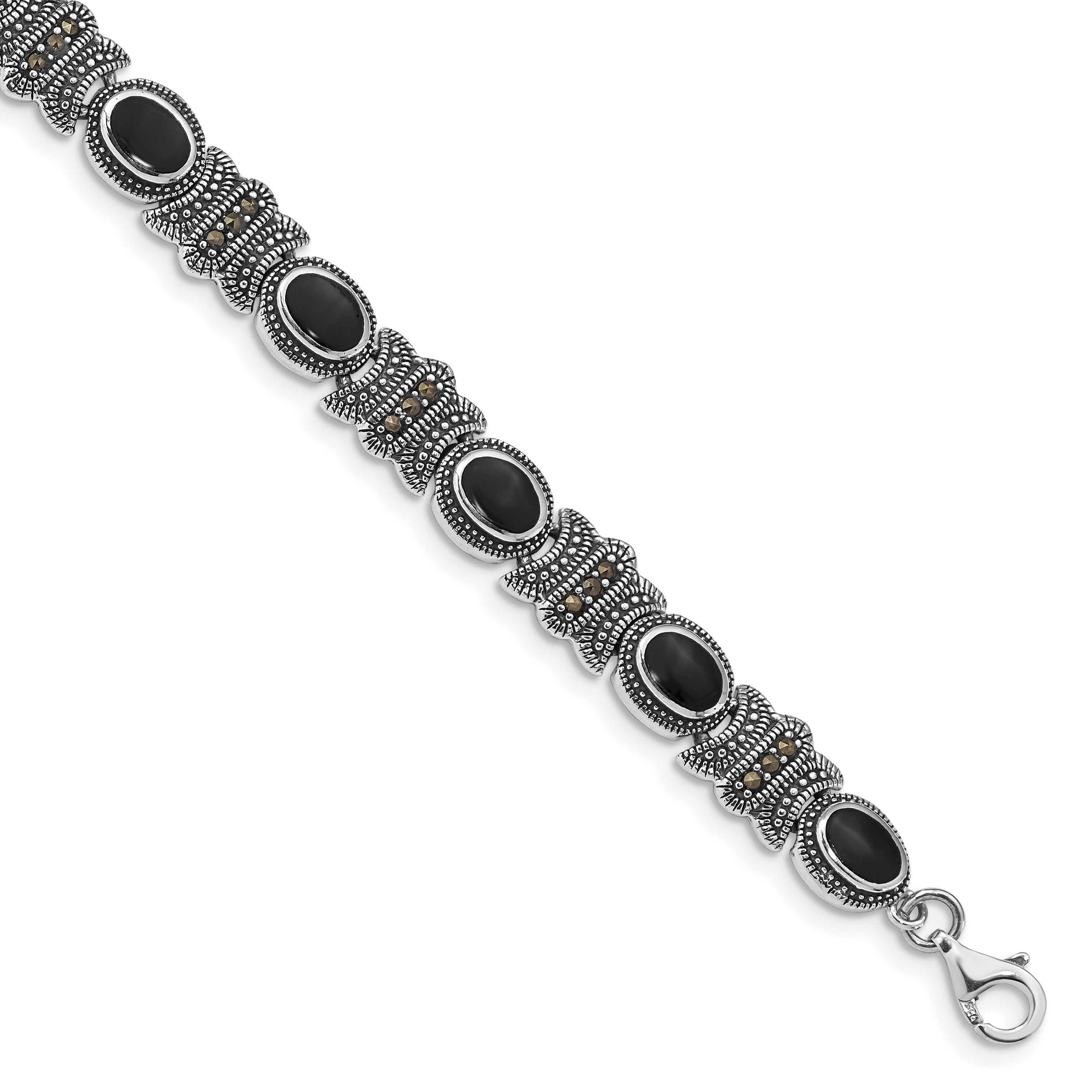 Sterling Silver Rhodium-plated Marcasite and Onyx 7.25 inch Bracelet Main image