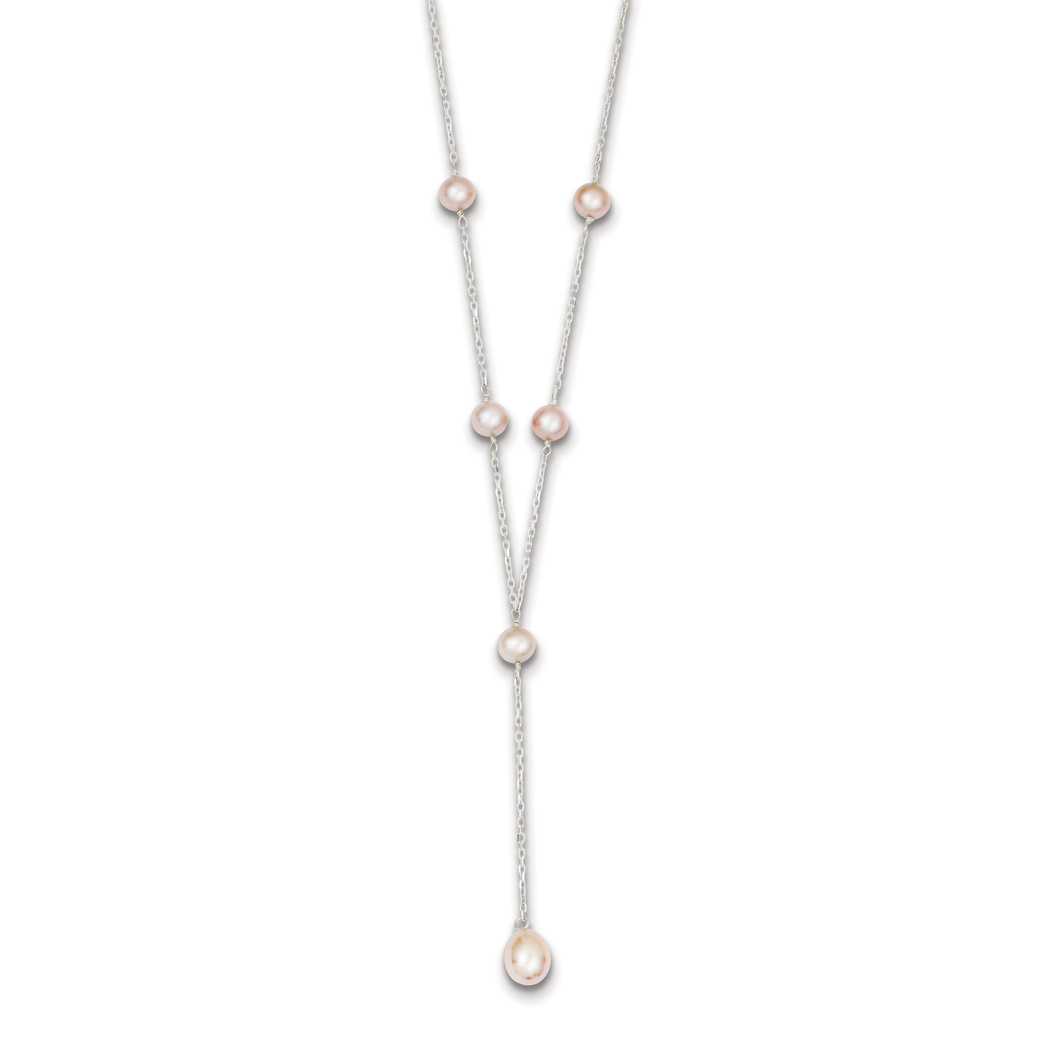 Sterling Silver Rhodium-plated Pink FW Cultured Pearl Y-Drop Necklace