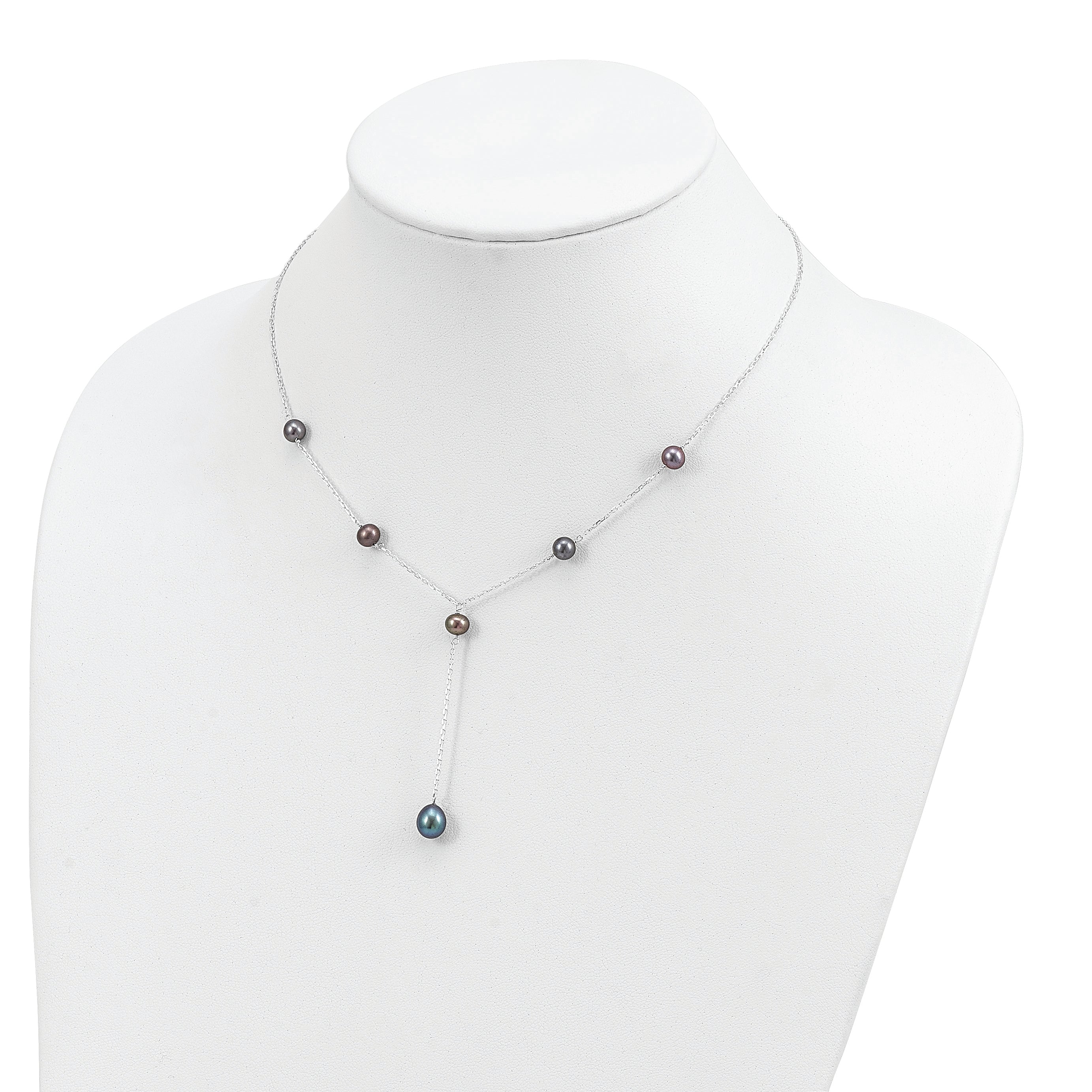 Sterling Silver Rhodium-Plated Black Pearl Y-Drop Necklace Elegant and Polished by Sophia Jewelers