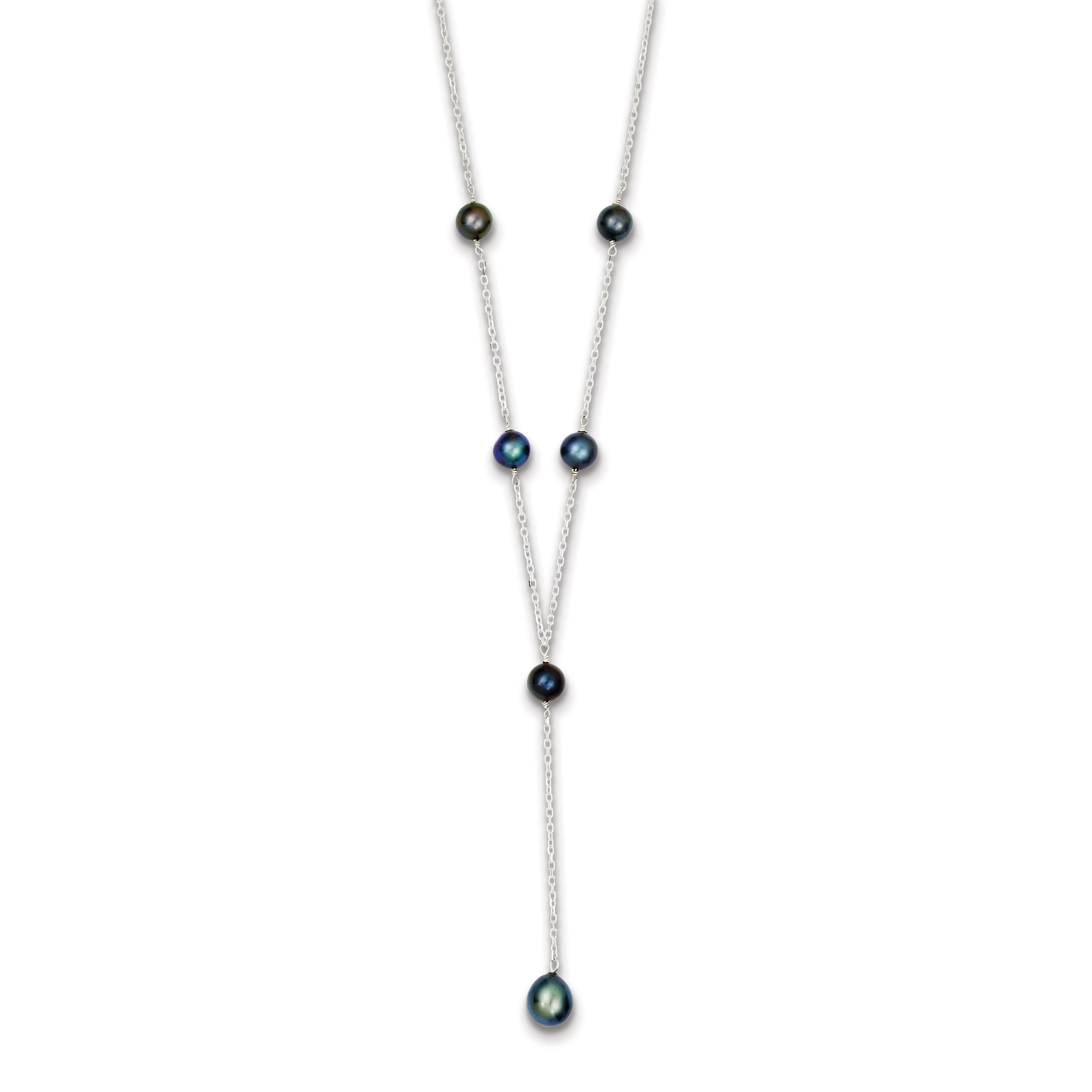 Sterling Silver Rhodium-Plated Black Pearl Y-Drop Necklace Elegant and Polished by Sophia Jewelers