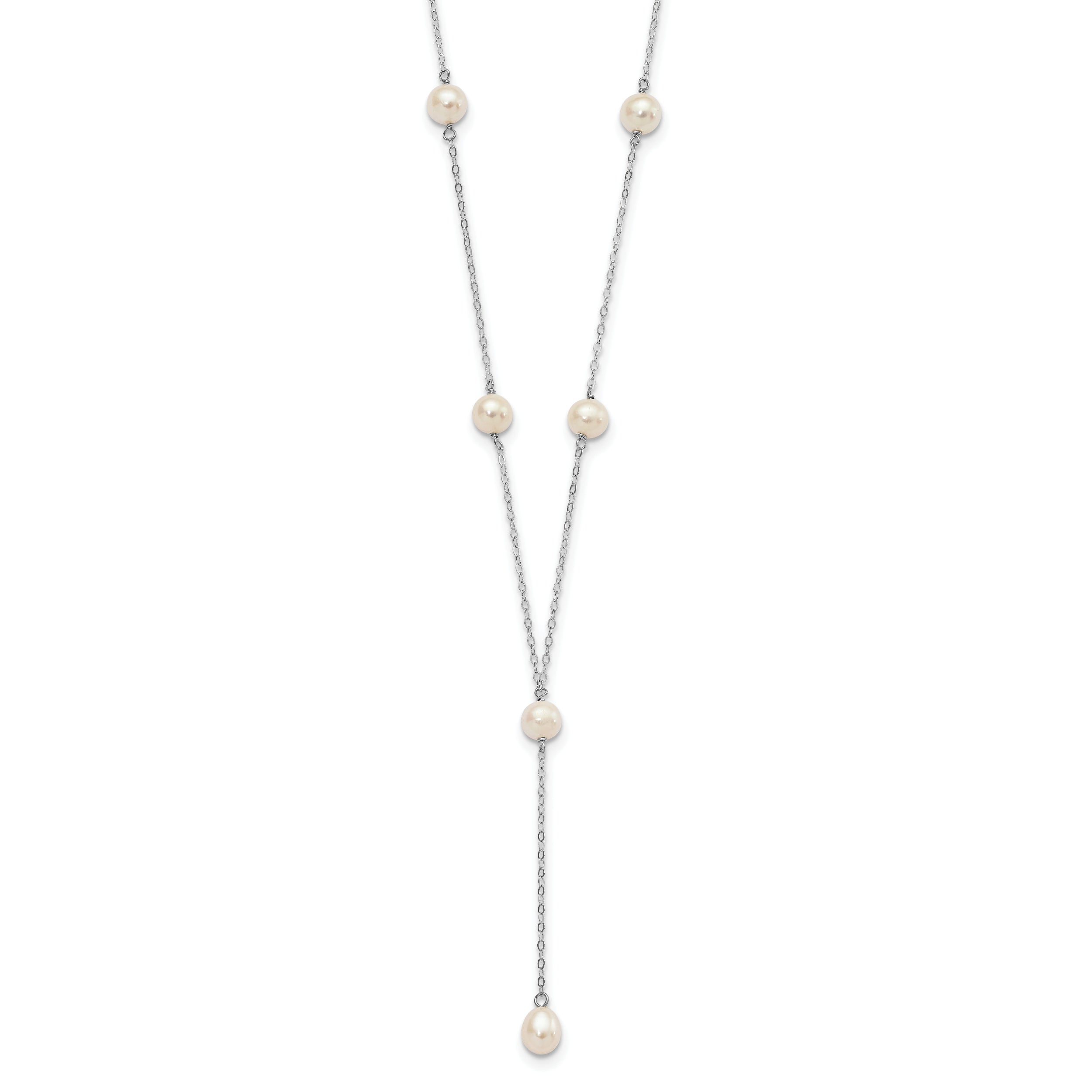 Sterling Silver Rhodum-plated White FW Cultured Pearl Y-Drop Necklace