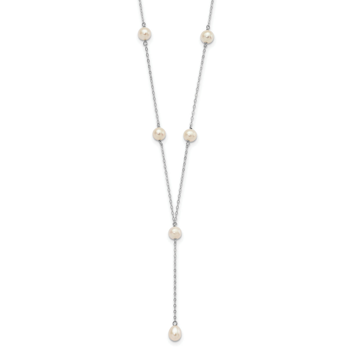 Sterling Silver Rhodum-plated White FW Cultured Pearl Y-Drop Necklace