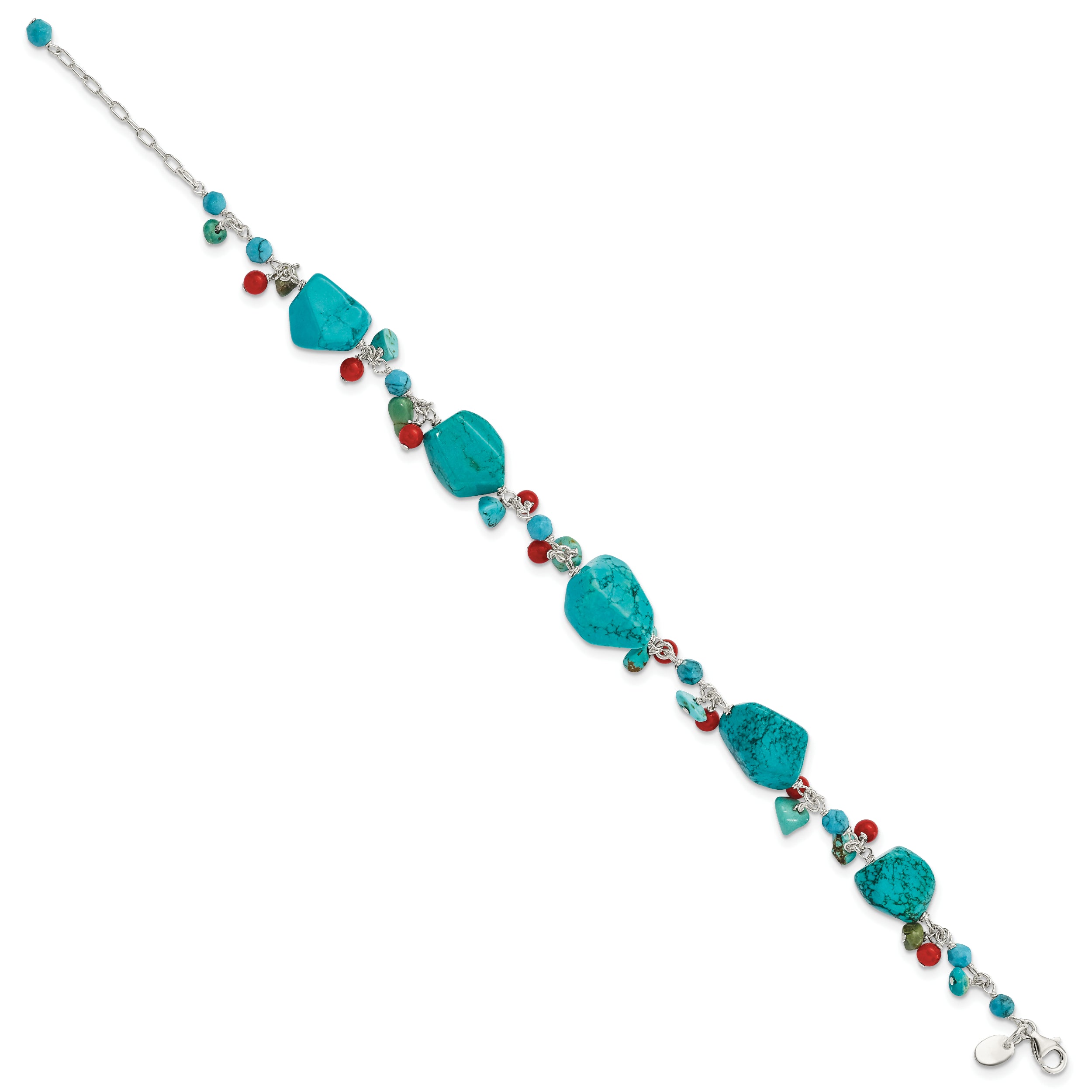 Sterling Silver Dyed Howlite/Turquoise/Red Coral Bracelet