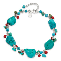 Sterling Silver Dyed Howlite/Turquoise/Red Coral Bracelet