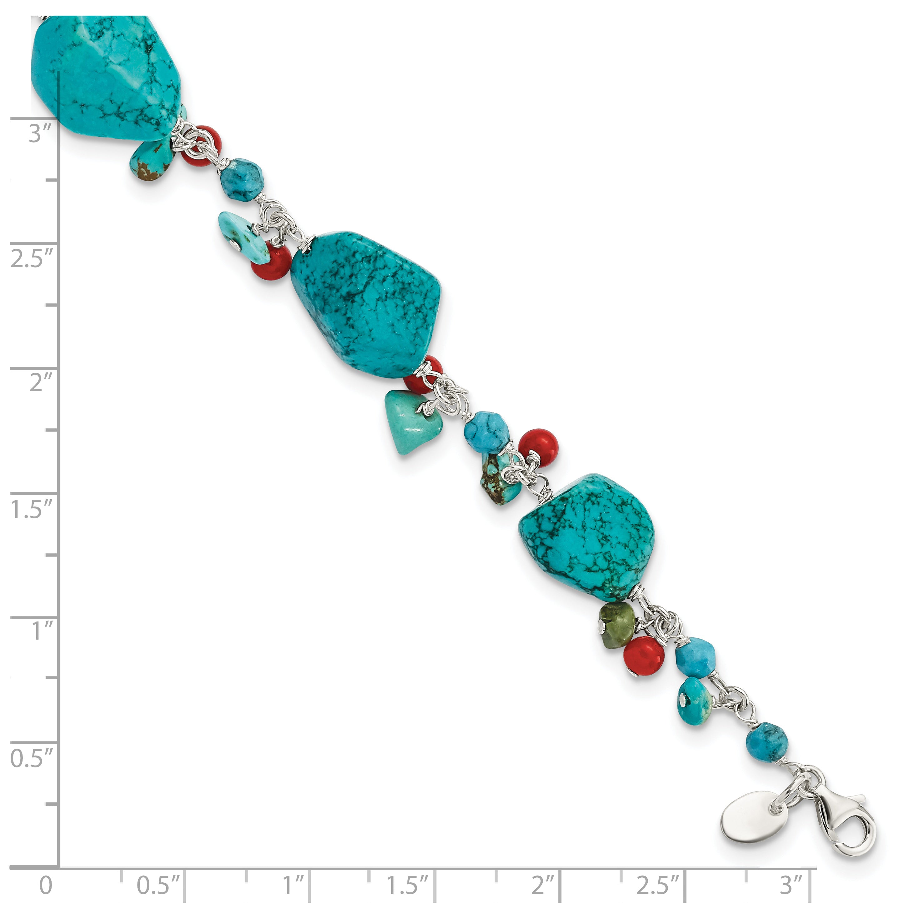 Sterling Silver Dyed Howlite/Turquoise/Red Coral Bracelet