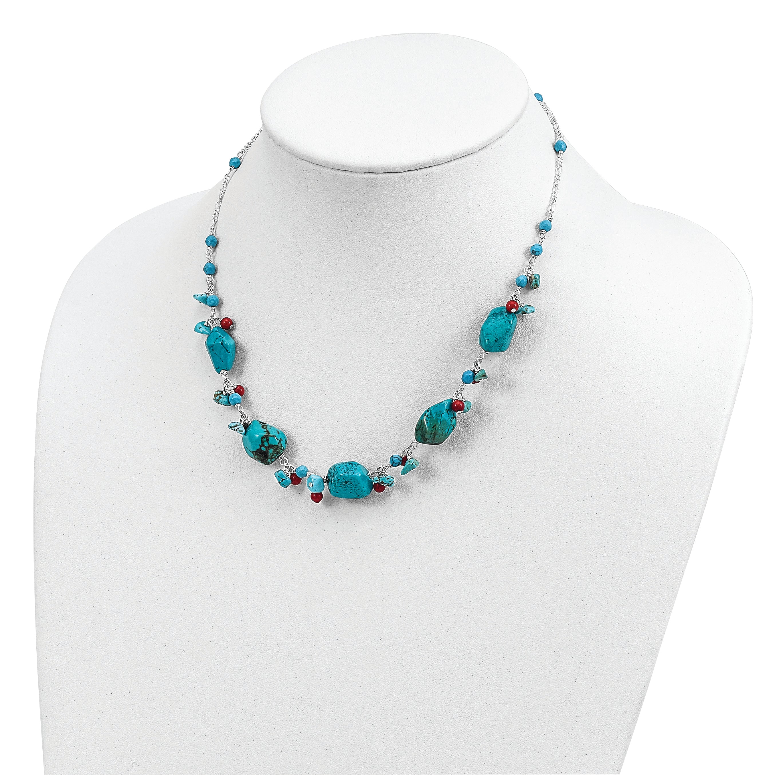 Sterling Silver 925 Polished Necklace with Dyed Turquoise and Red Coral