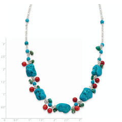Sterling Silver 925 Polished Necklace with Dyed Turquoise and Red Coral