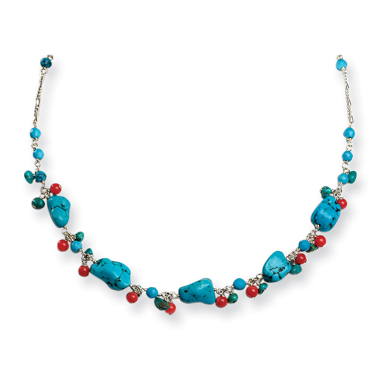 Sterling Silver 925 Polished Necklace with Dyed Turquoise and Red Coral