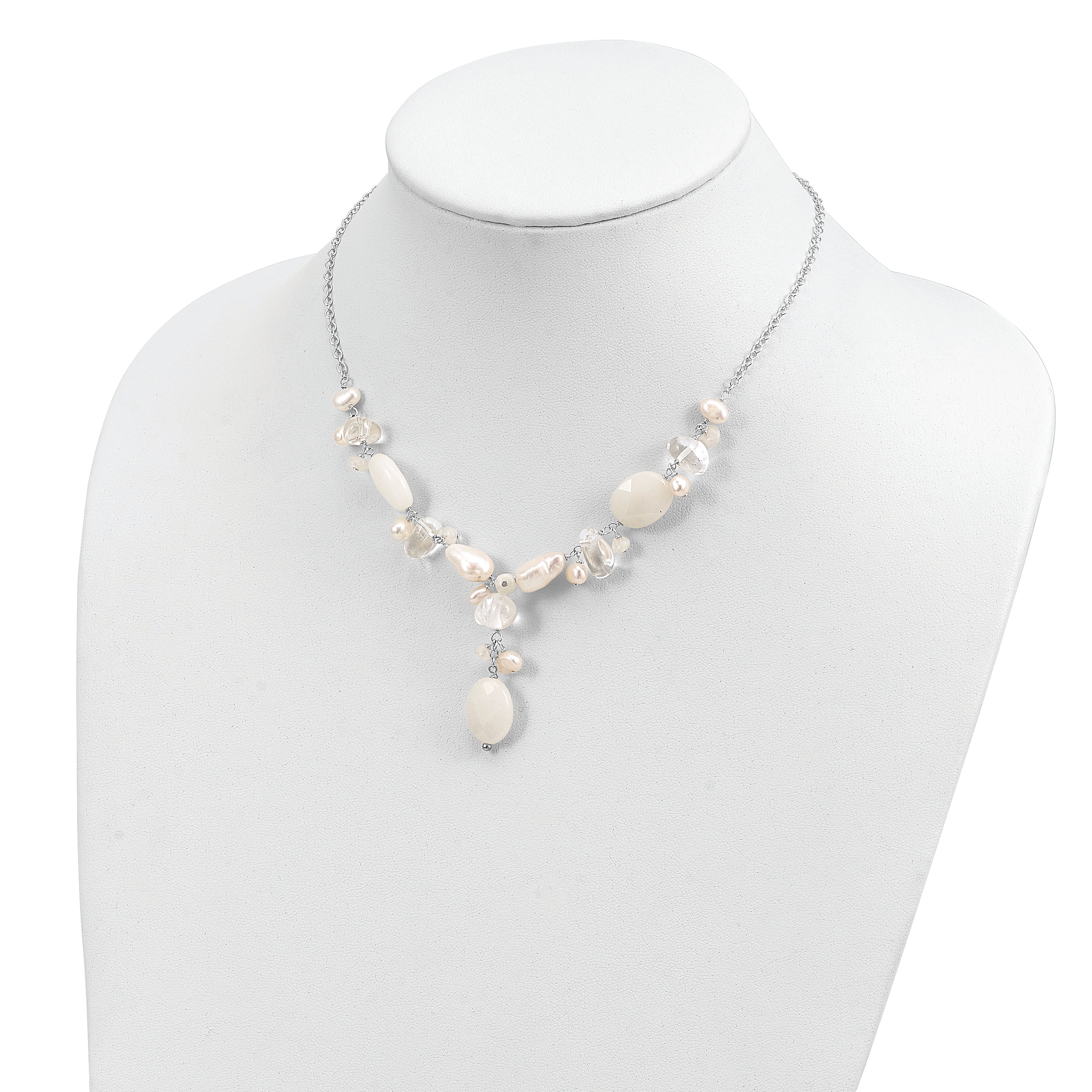 Sophia Jewelers Sterling Silver Moonstone and Cultured Pearl Necklace Elegantly Polished