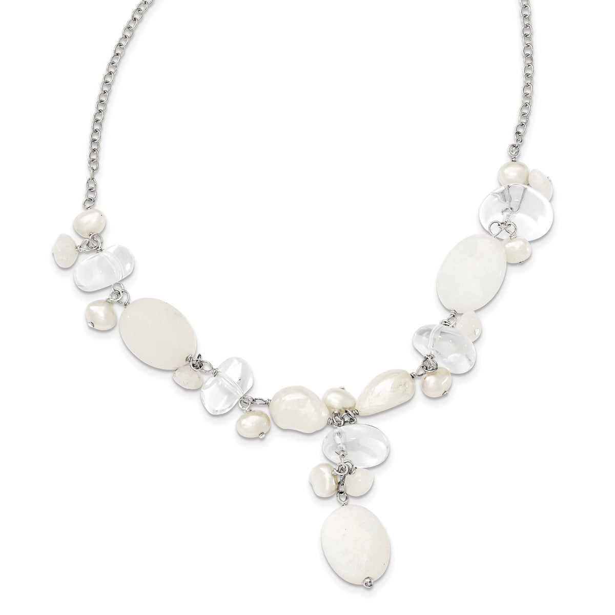 Sterling Silver Moonstone/FWC Pearl/Rock Qtz/White Jade Necklace