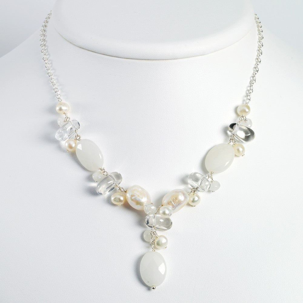 Sterling Silver Moonstone/FW Cultured Pearl/Rock Qtz/White Jade Neck