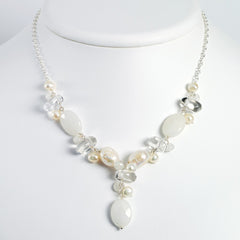 Sterling Silver Moonstone/FW Cultured Pearl/Rock Qtz/White Jade Neck