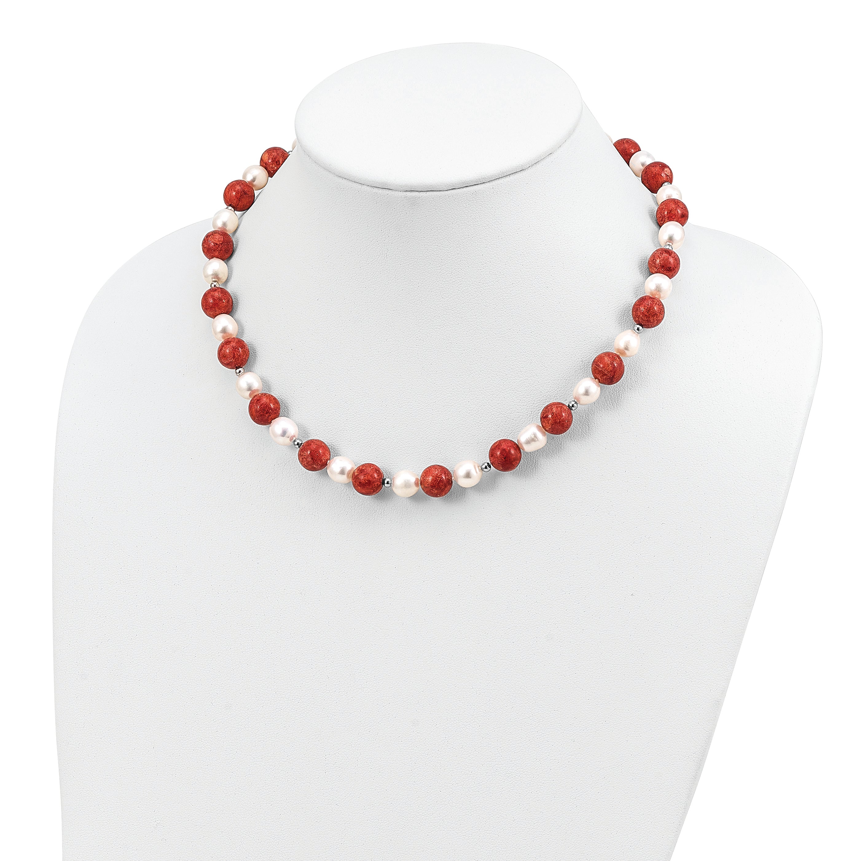 Sterling Silver Rhodium-Plated Pearl and Red Coral Necklace 18 Polished Elegant