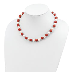 Sterling Silver Rhodium-Plated Pearl and Red Coral Necklace 18 Polished Elegant