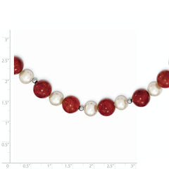 Sterling Silver Rhodium-Plated Pearl and Red Coral Necklace 18 Polished Elegant