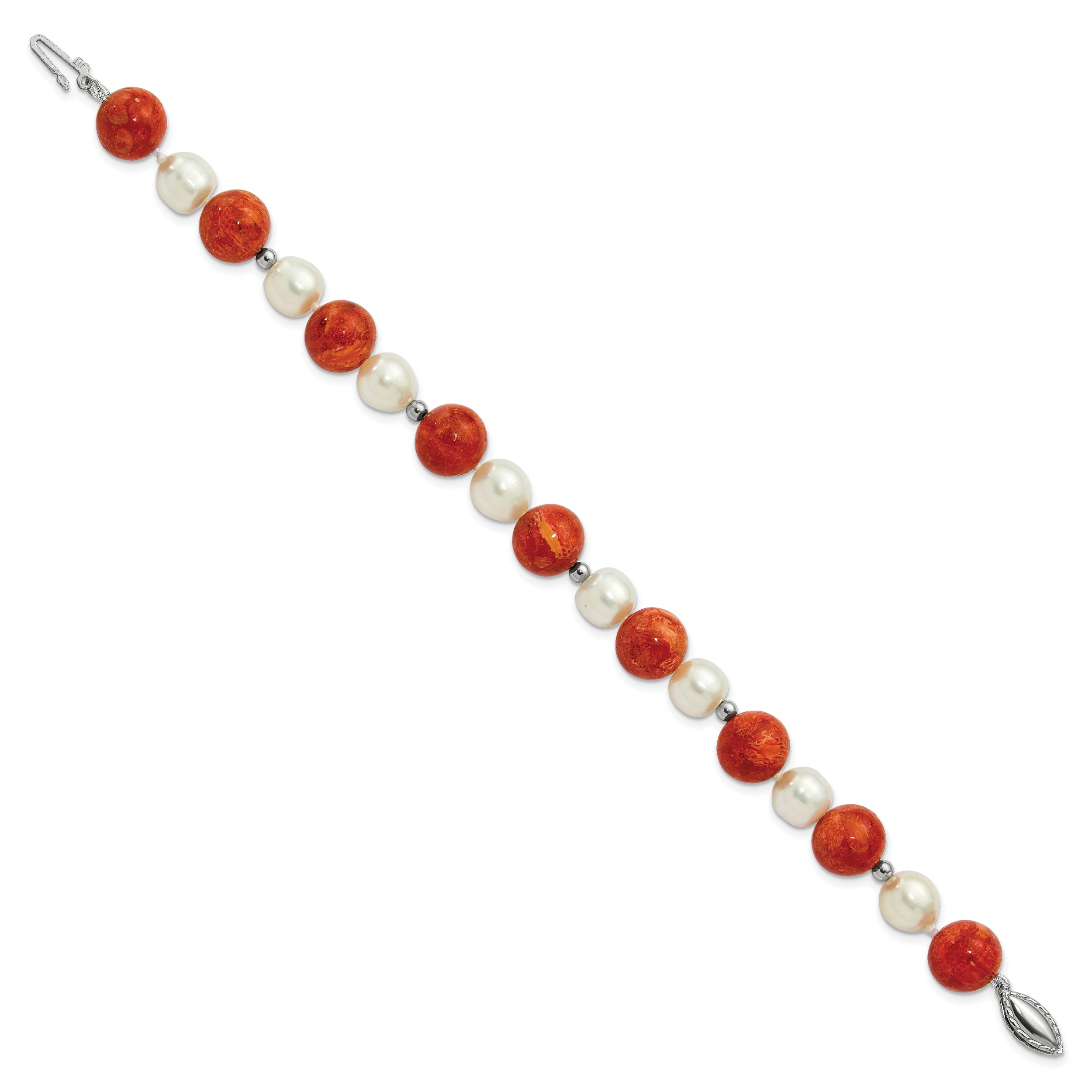Sterling Silver FW Cultured Pearl/Stabilized Red Coral Bracelet