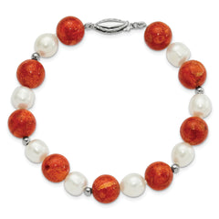 Sterling Silver FW Cultured Pearl/Stabilized Red Coral Bracelet