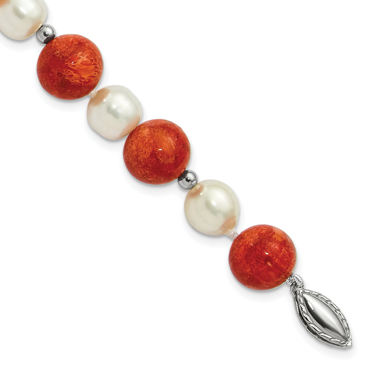 Sterling Silver FW Cultured Pearl/Stabilized Red Coral Bracelet