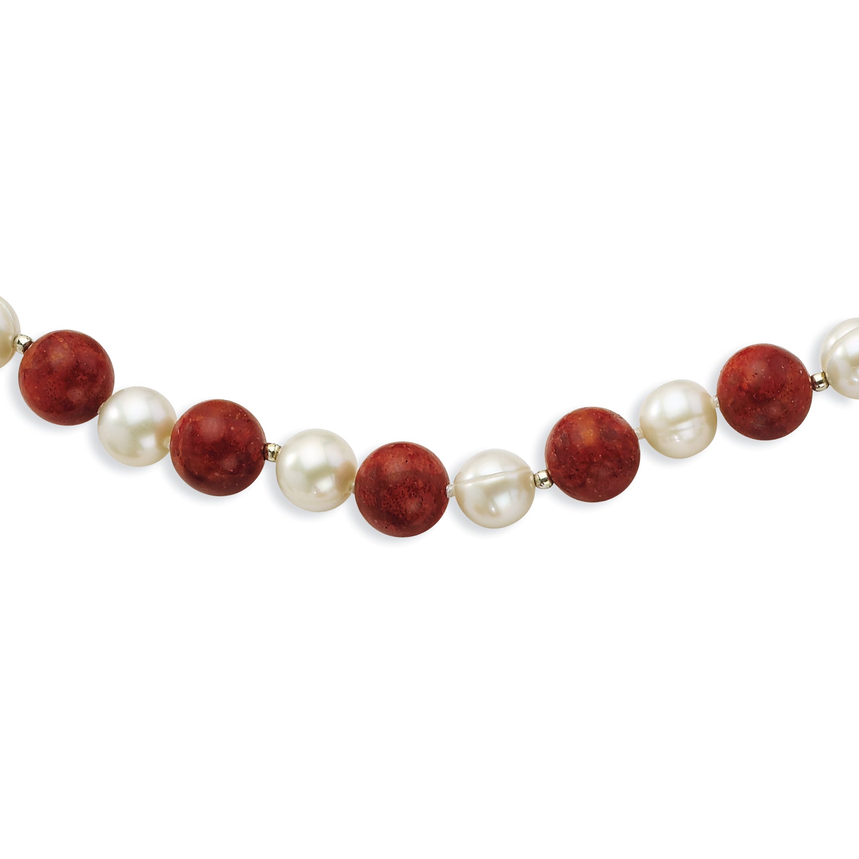 Sterling Silver Rhodium-Plated Pearl and Red Coral Necklace 18 Polished Elegant