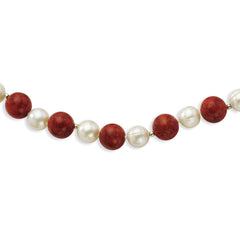 Sterling Silver Rhodium-Plated Pearl and Red Coral Necklace 18 Polished Elegant