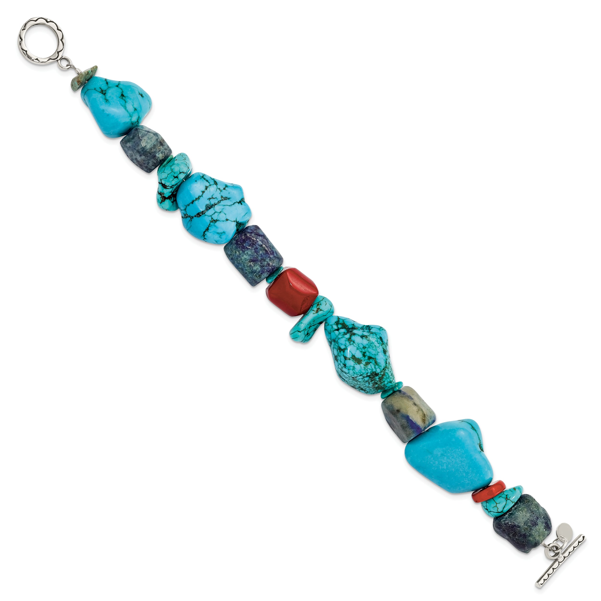 Sterling Silver Red Coral/Howlite/Lapis/Turquoise Bracelet