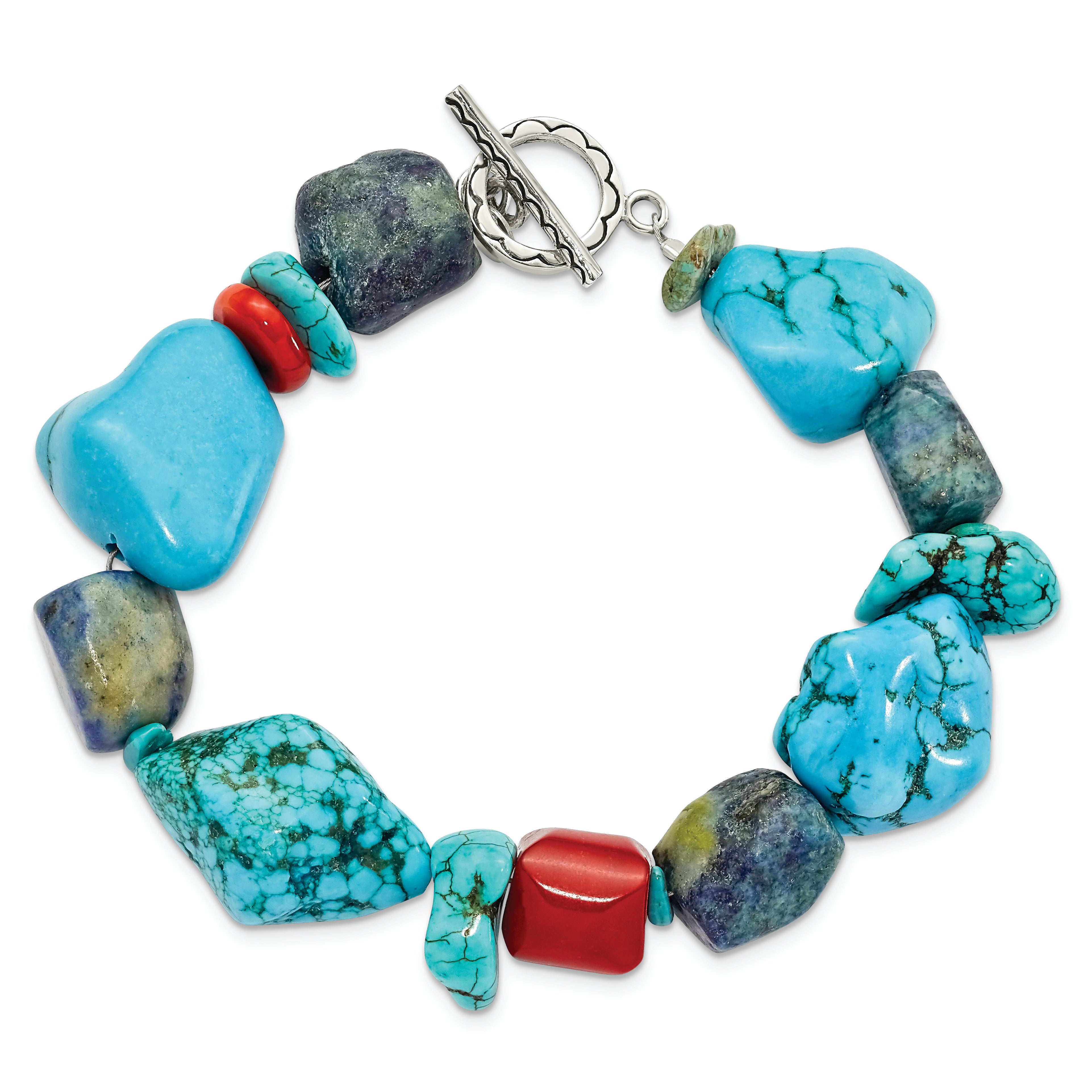 Sterling Silver Red Coral/Howlite/Lapis/Turquoise Bracelet