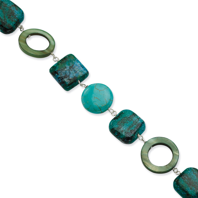 Sterling Silver Chrysocolla, Dyed Howlite & Dyed Mother Of Pearl w/ 1.5in ext Bracelet