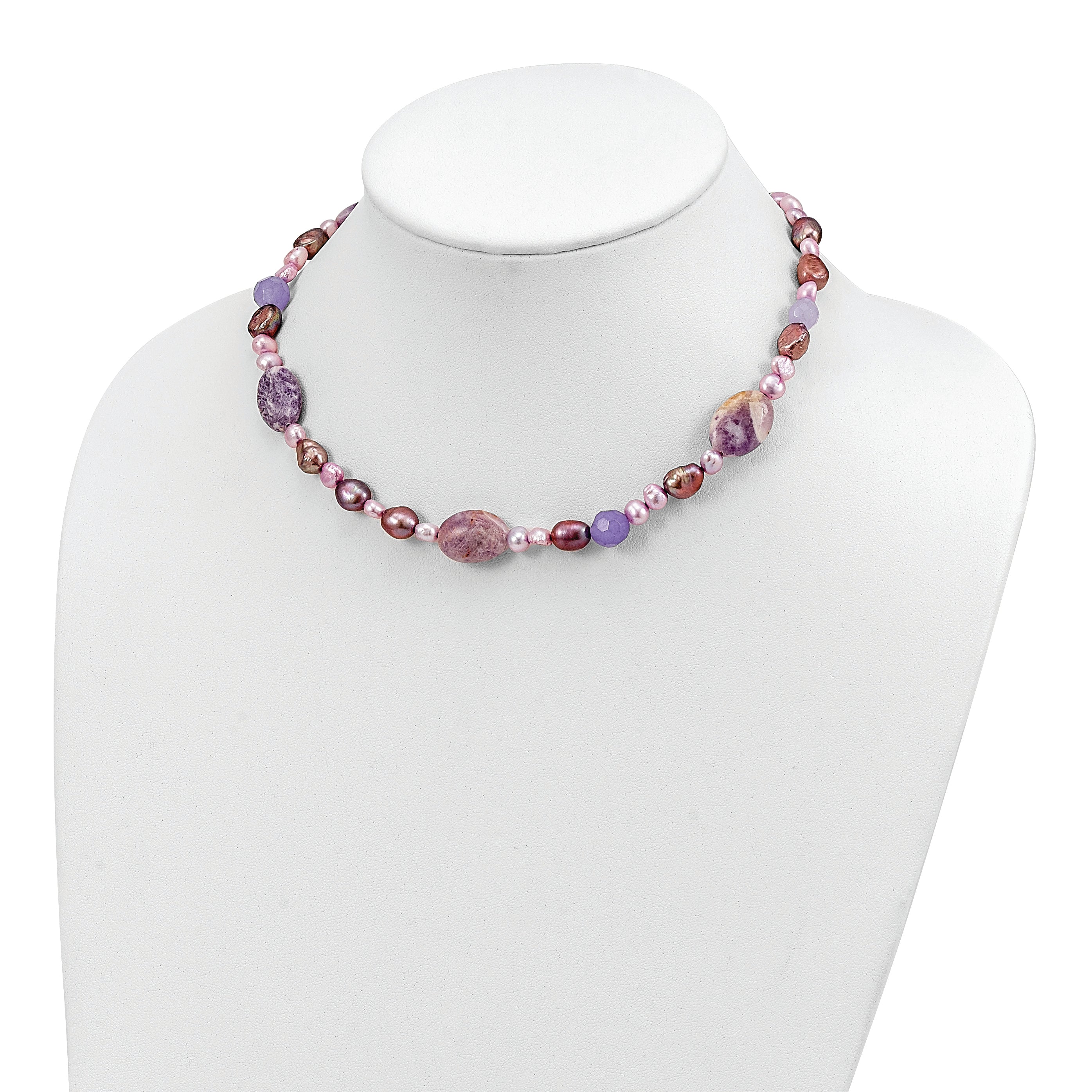 Sterling Silver Charoite, Jade/FW Cultured Pearl Necklace
