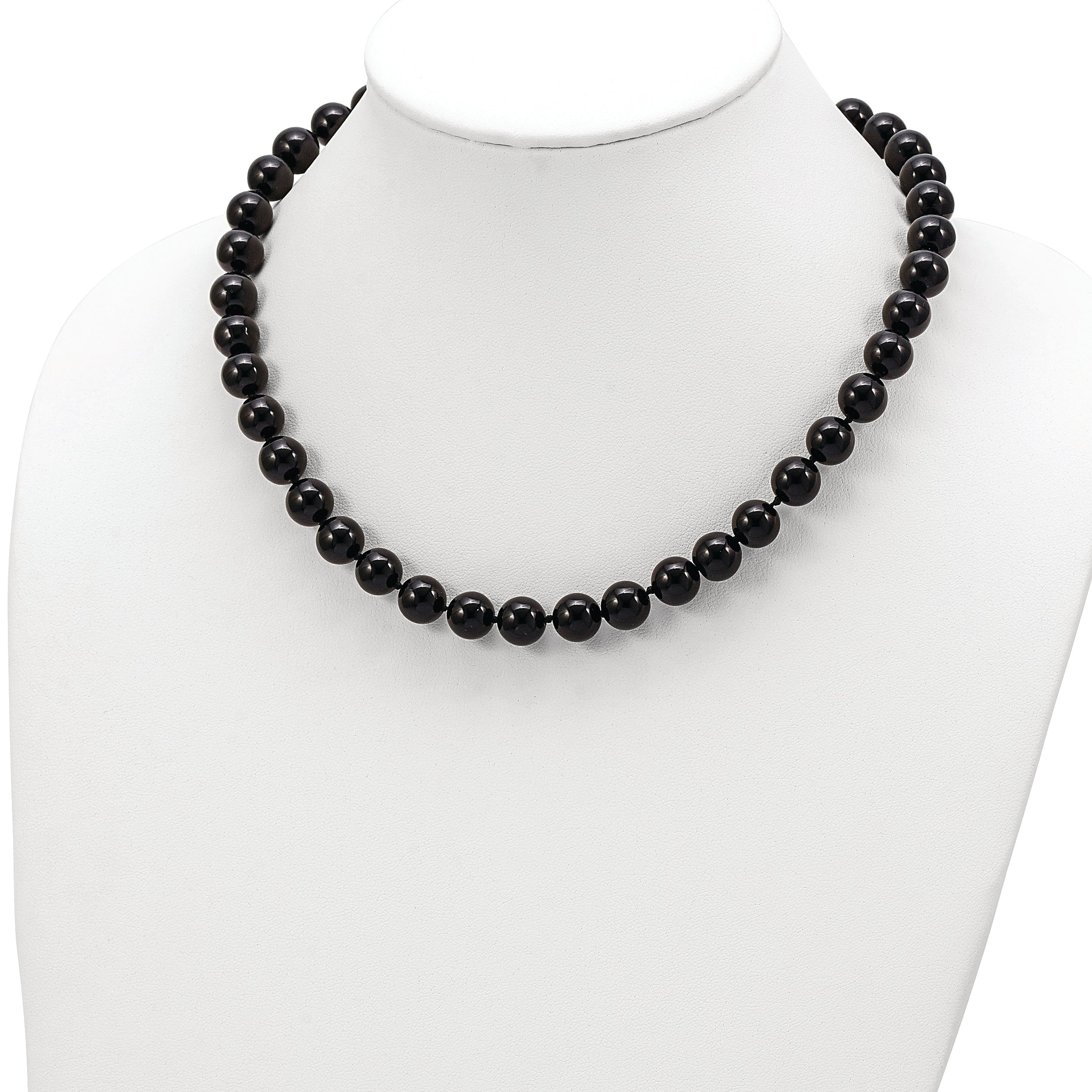 10-10.5mm Smooth Beaded Black Agate Necklace w/Sterling S.RH Clasp