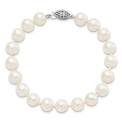 Sterling Silver Rhodium 8-9mm White Freshwater Cultured Pearl Bracelet