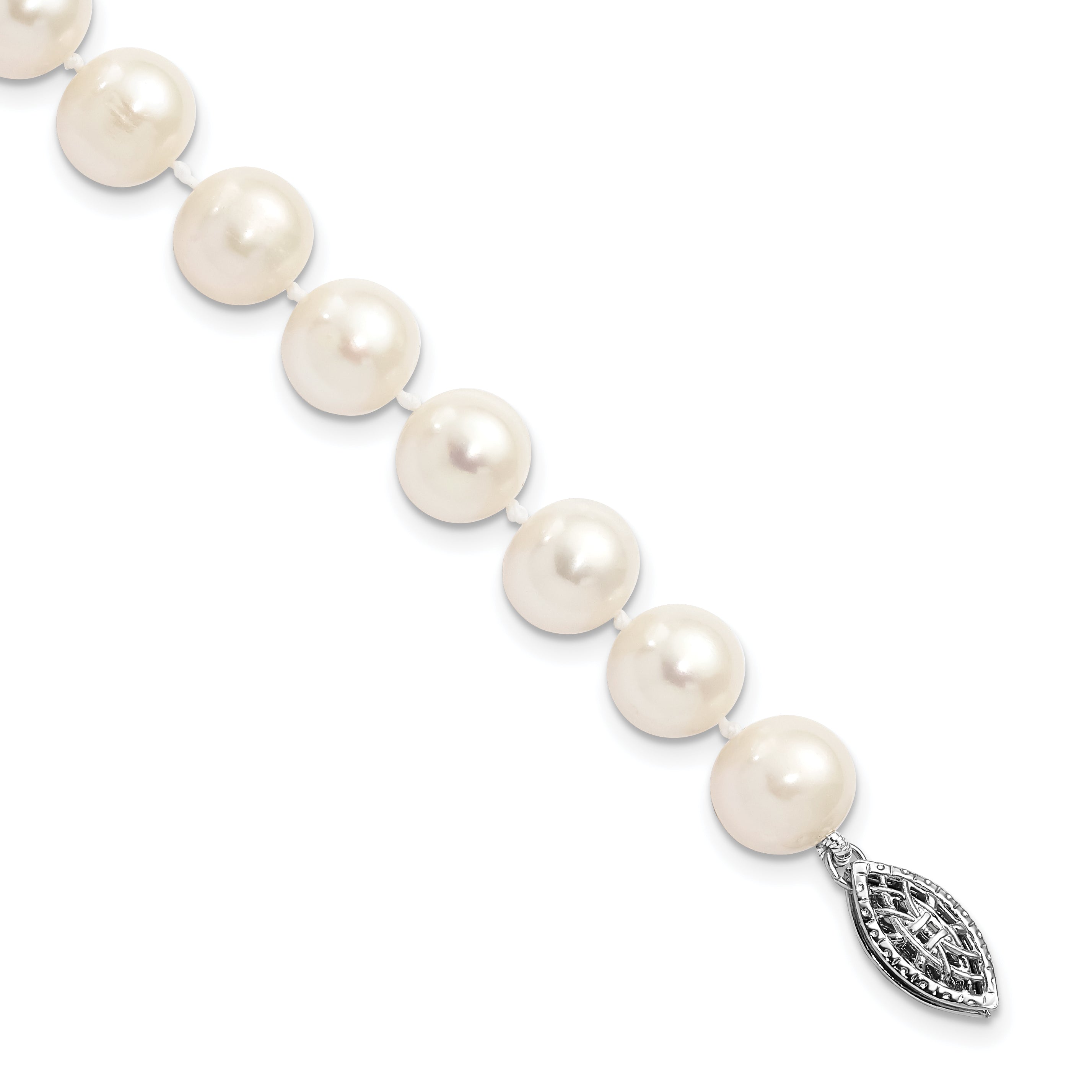 Sterling Silver Rhodium 8-9mm White Freshwater Cultured Pearl Bracelet