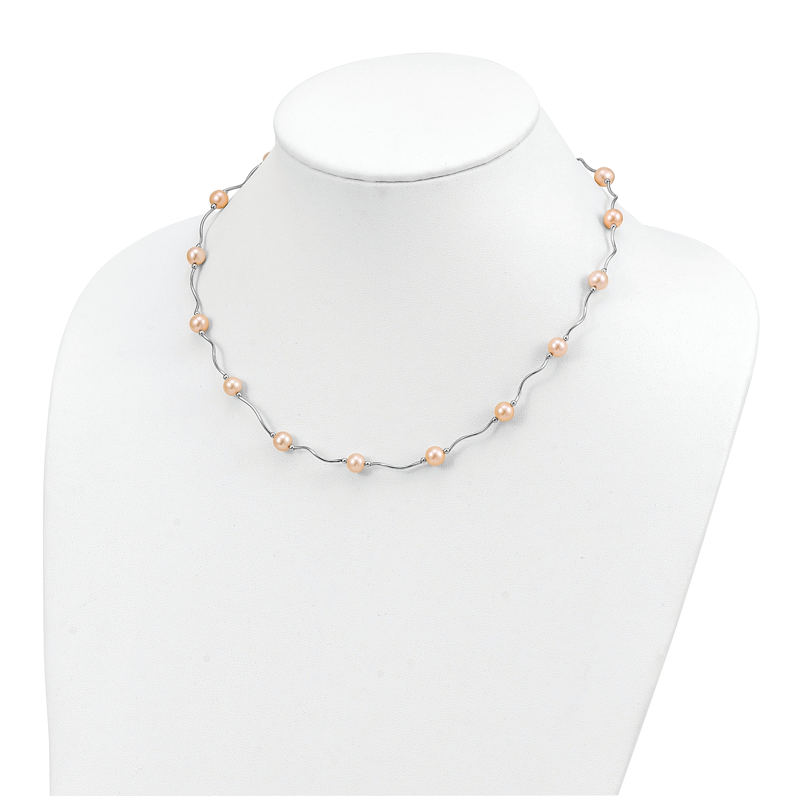 Sterling Silver Pink Cultured Pearl Necklace with Polished Rhodium Finish