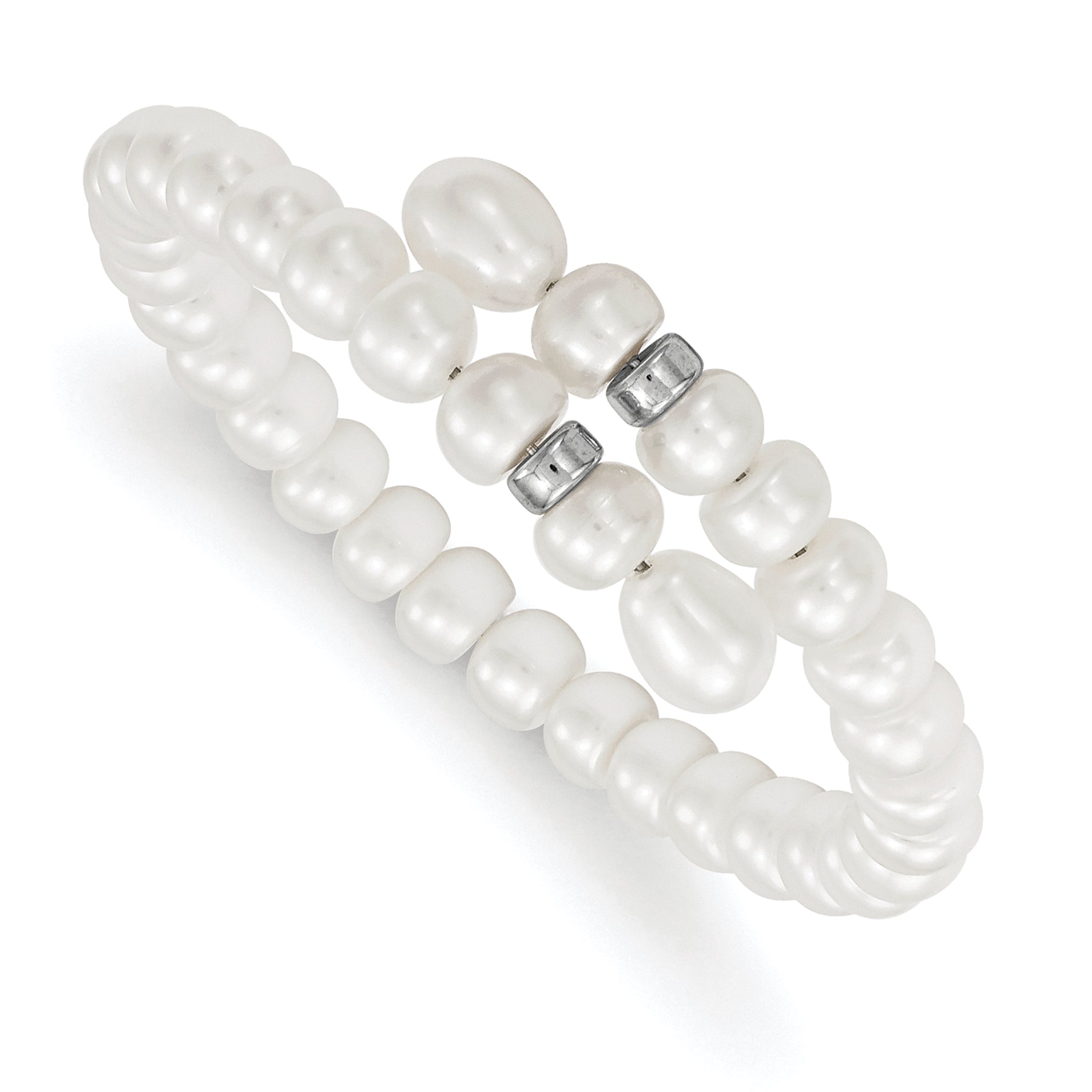 Sterling Silver Rhodium-plated Beads with 6-8mm Button and Rice Freshwater Cultured Pearls Flexible Wrap Bracelet