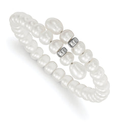 Sterling Silver Rhodium-plated Beads with 6-8mm Button and Rice Freshwater Cultured Pearls Flexible Wrap Bracelet