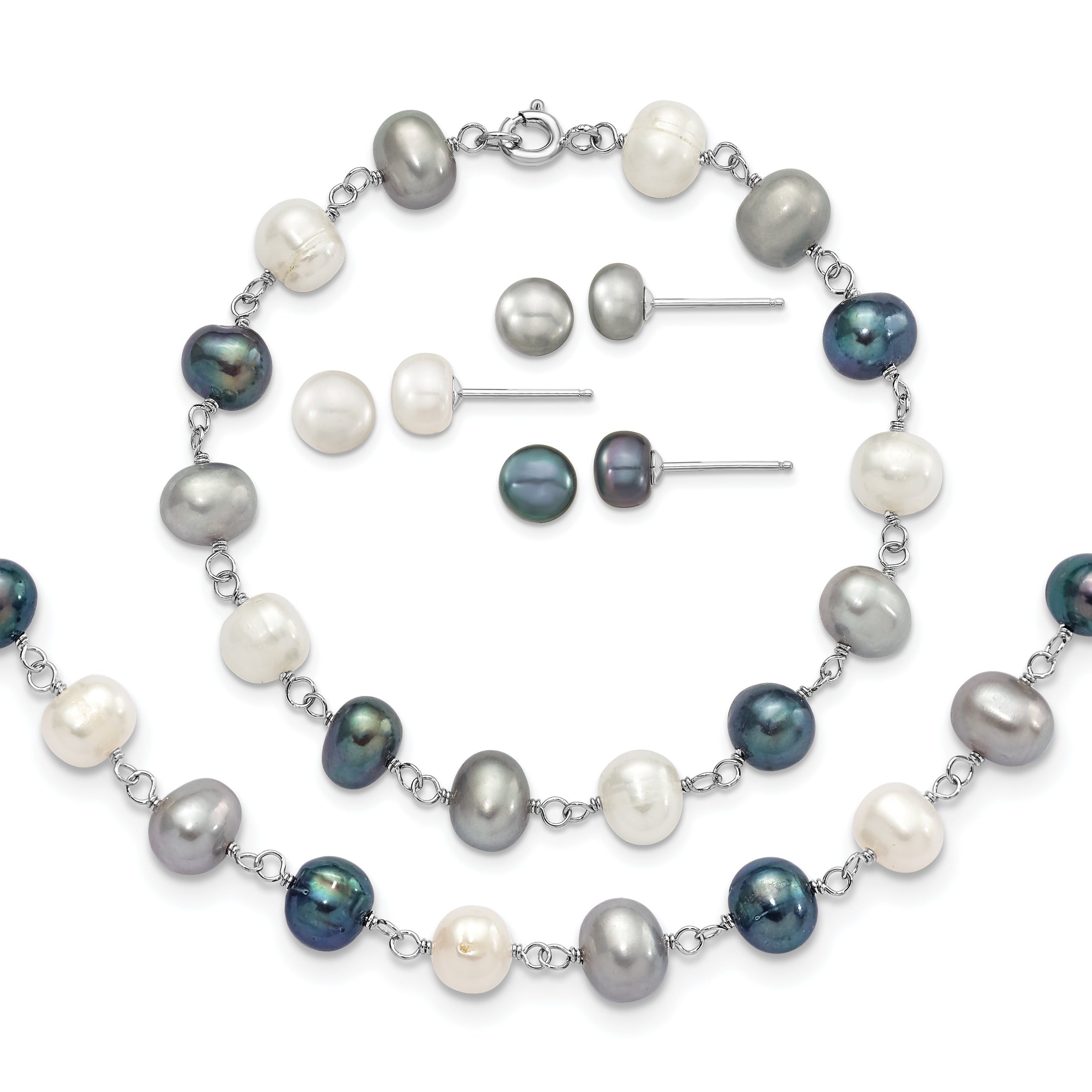 Sterling Silver Rhodium FWC Pearl Necklace/ Bracelet/3pc Earring Set Main image