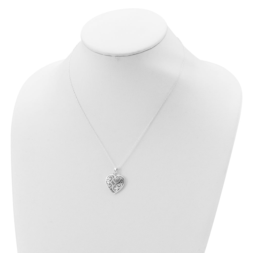 Sterling Silver 925 Filigree Swirl Heart Necklace with Polished Finish