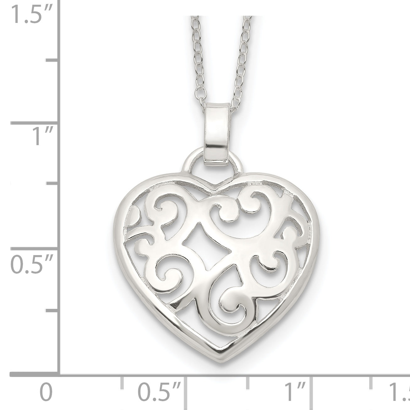 Sterling Silver 925 Filigree Swirl Heart Necklace with Polished Finish