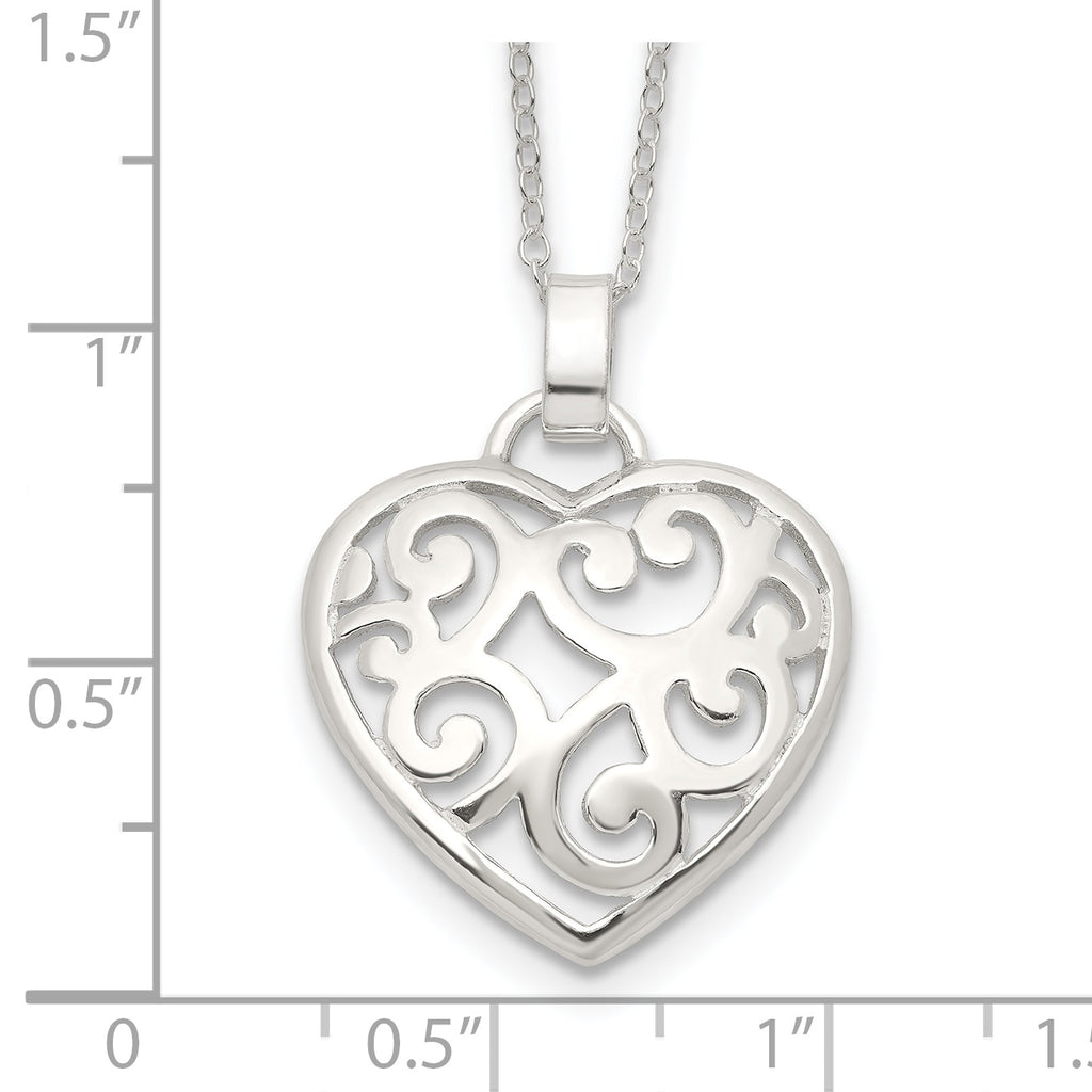 Sterling Silver 925 Filigree Swirl Heart Necklace with Polished Finish