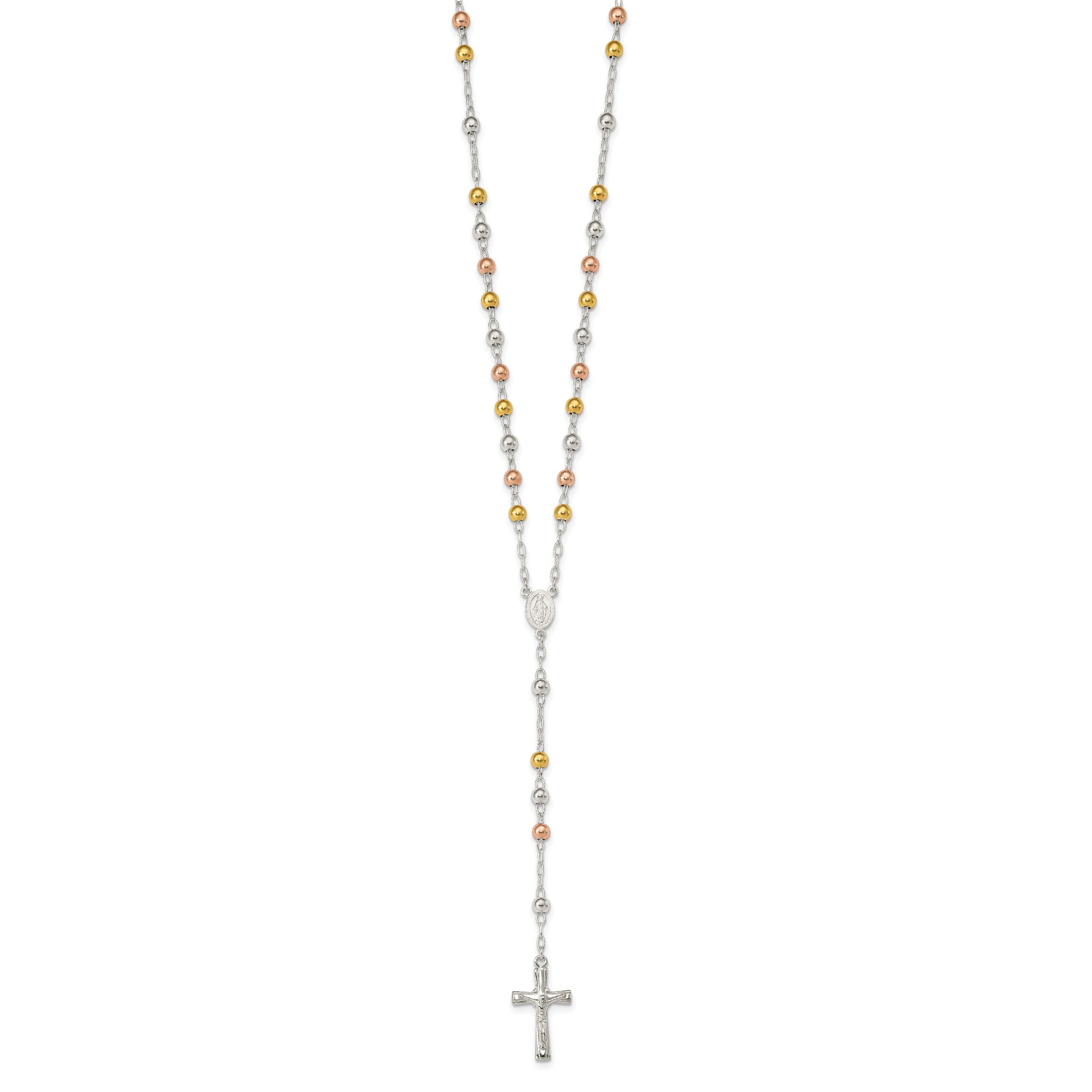Sterling Silver Tri-Color Rosary Necklace with Polished Finish, 26-Inch - 26