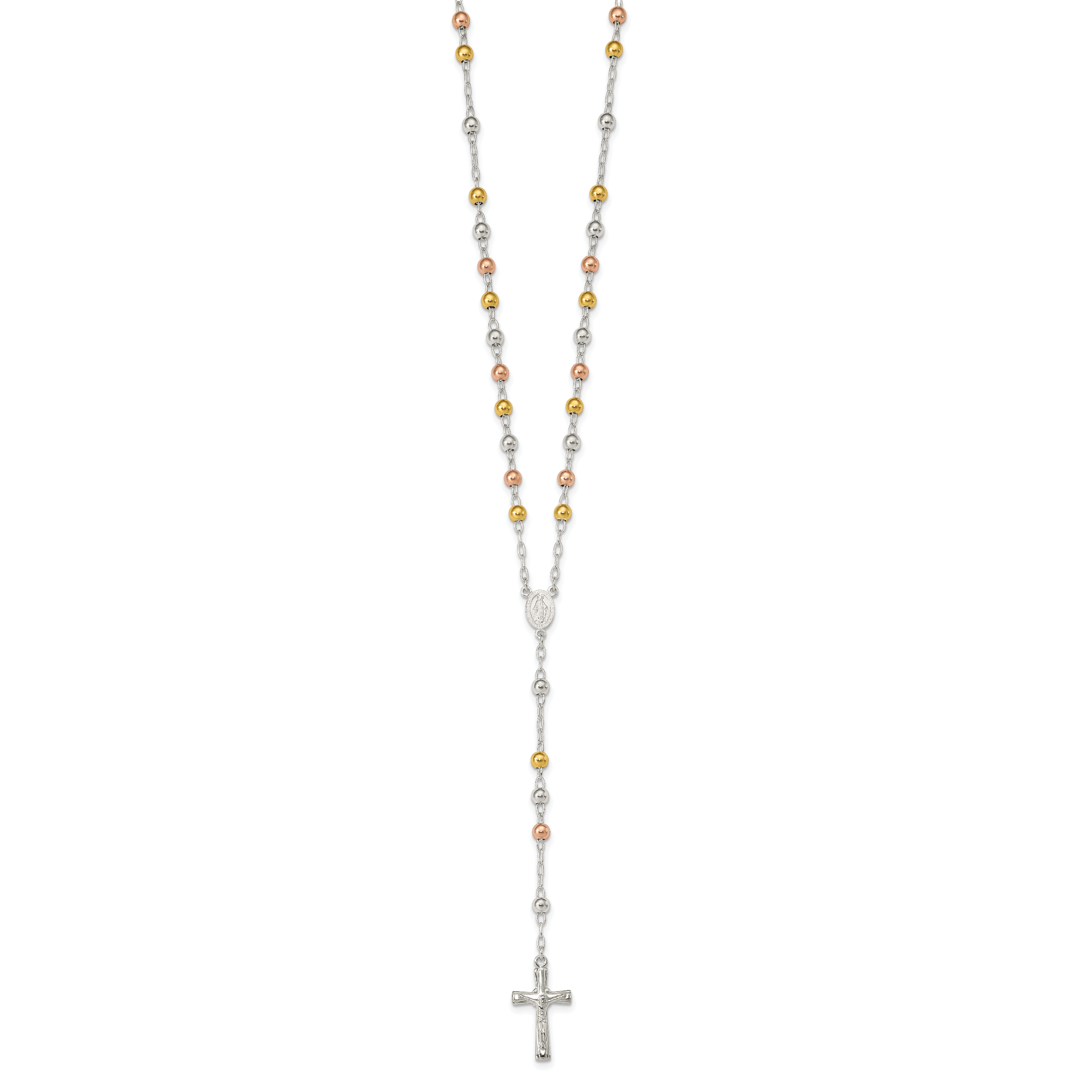 Sterling Silver Tri-Color Rosary Necklace with Polished Finish, 26-Inch Secondary image