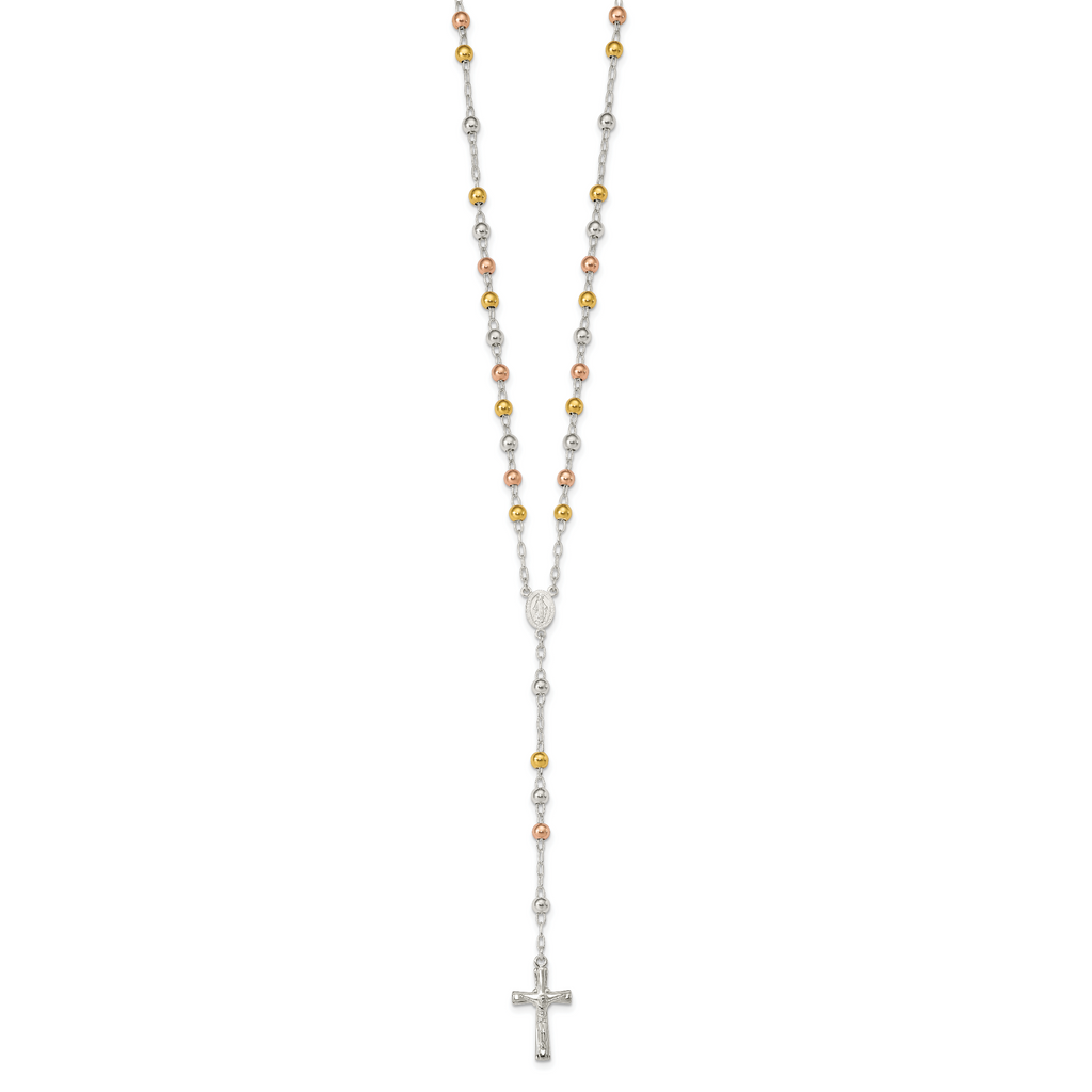 Sterling Silver Tri-Color Rosary Necklace with Polished Finish, 26-Inch