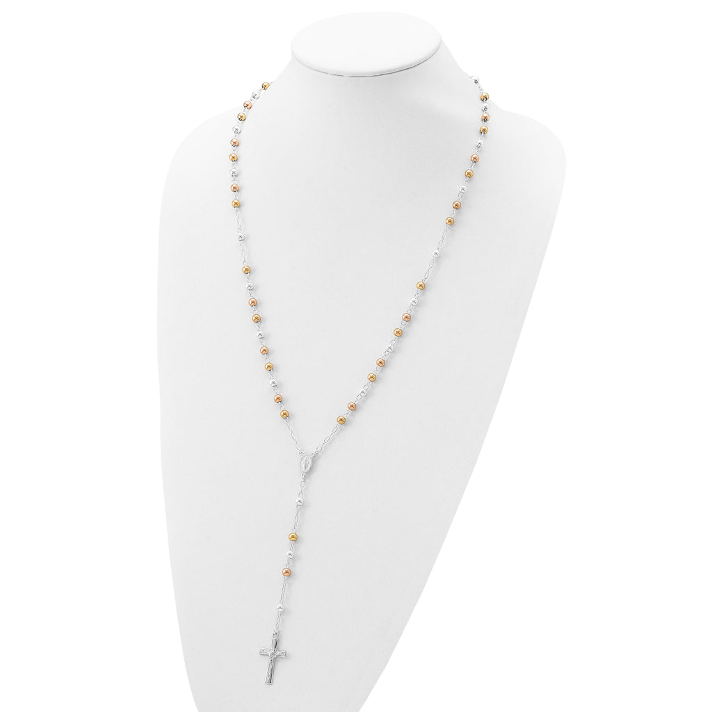 Sterling Silver Tri-Color Rosary Necklace with Polished Finish, 26-Inch